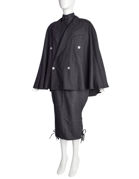 Jean Paul Gaultier Vintage AW 1984 Charcoal Grey Wool Dress and Cape Ensemble Set