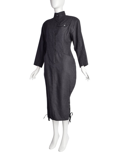 Jean Paul Gaultier Vintage AW 1984 Charcoal Grey Wool Dress and Cape Ensemble Set