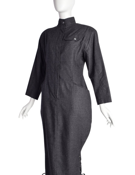 Jean Paul Gaultier Vintage AW 1984 Charcoal Grey Wool Dress and Cape Ensemble Set