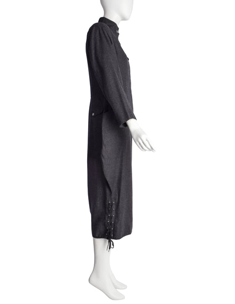 Jean Paul Gaultier Vintage AW 1984 Charcoal Grey Wool Dress and Cape Ensemble Set