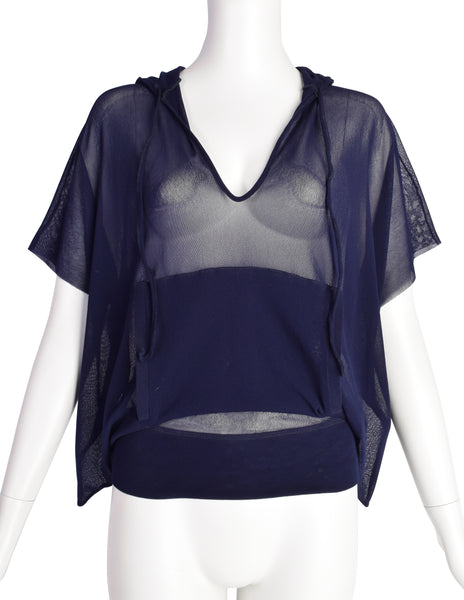 Jean Paul Gaultier Vintage Navy Blue Sheer Mesh Hooded Top