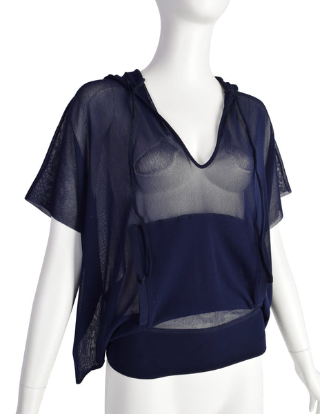 Jean Paul Gaultier Vintage Navy Blue Sheer Mesh Hooded Top