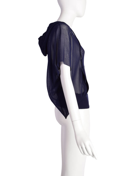 Jean Paul Gaultier Vintage Navy Blue Sheer Mesh Hooded Top