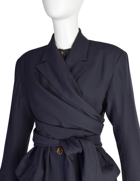 Jean Paul Gaultier Vintage AW1984 Navy Blue Wool Gabardine Wrap Jacket and Pencil Skirt Suit