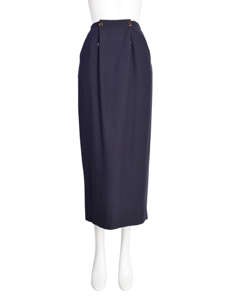 Jean Paul Gaultier Vintage AW1984 Navy Blue Wool Gabardine Wrap Jacket and Pencil Skirt Suit