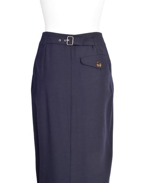 Jean Paul Gaultier Vintage AW1984 Navy Blue Wool Gabardine Wrap Jacket and Pencil Skirt Suit
