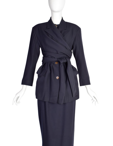Jean Paul Gaultier Vintage AW1984 Navy Blue Wool Gabardine Wrap Jacket and Pencil Skirt Suit