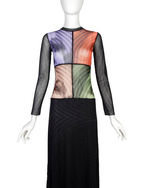 Jean Paul Gaultier Vintage AW 2001 Greta Garbo Quad Face Print Mesh Maxi Dress