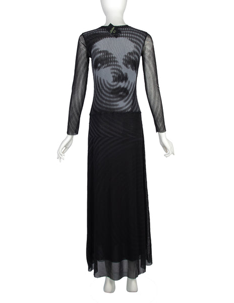 Jean Paul Gaultier Vintage AW 2001 Greta Garbo Quad Face Print Mesh Maxi Dress