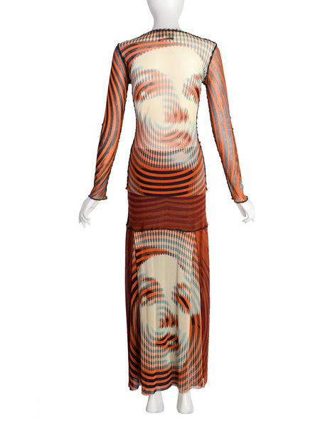 Jean Paul Gaultier Vintage AW 2001 Optic Greta Garbo Face Mesh Top and Skirt Set