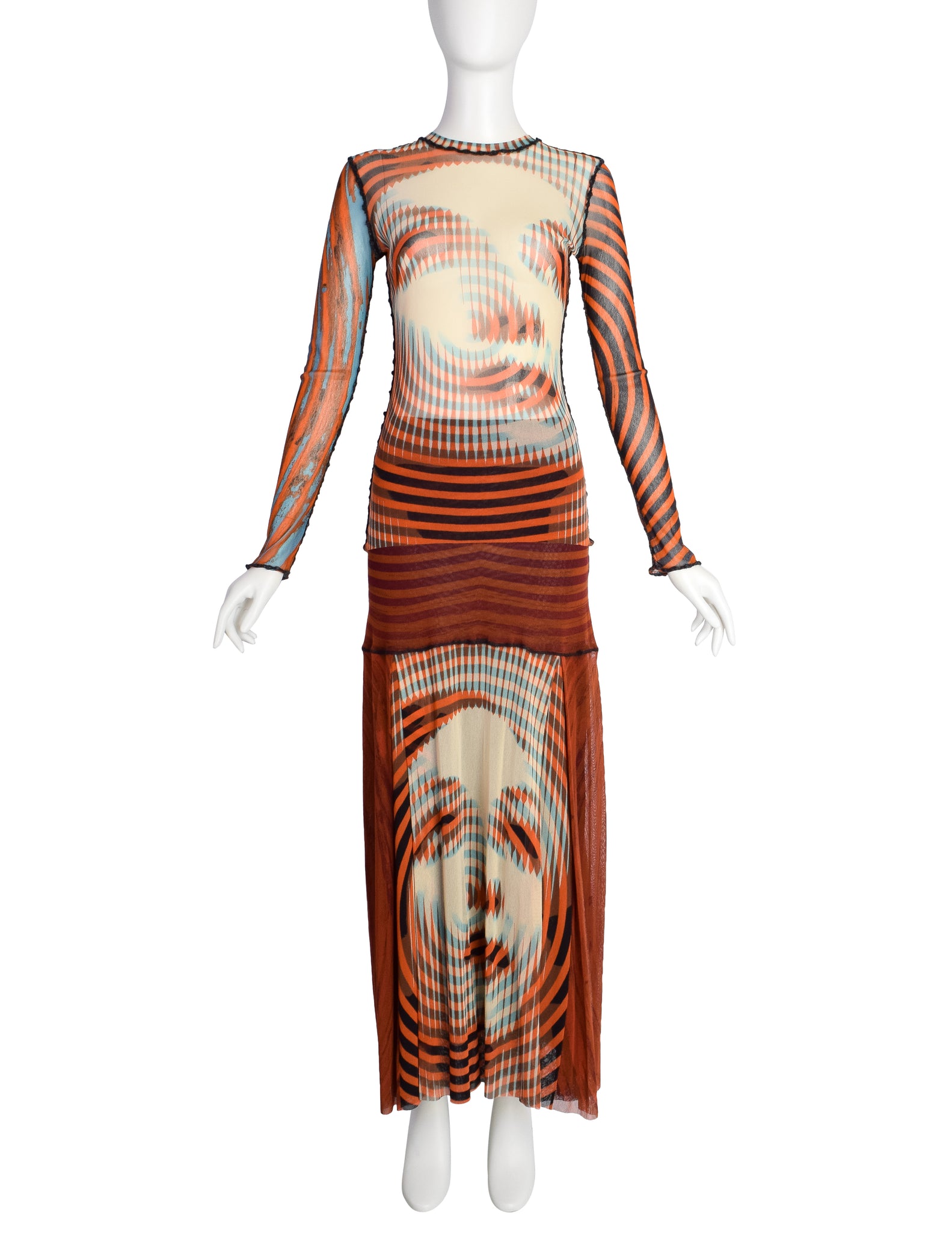 Jean Paul Gaultier Vintage AW 2001 Optic Greta Garbo Face Mesh Top and Skirt Set