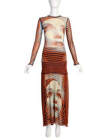 Jean Paul Gaultier Vintage AW 2001 Optic Greta Garbo Face Mesh Top and Skirt Set