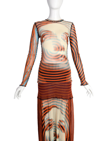 Jean Paul Gaultier Vintage AW 2001 Optic Greta Garbo Face Mesh Top and Skirt Set