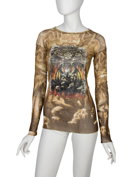 Jean Paul Gaultier Vintage SS 2001 Satanic Skull Print Graphic Mesh Top