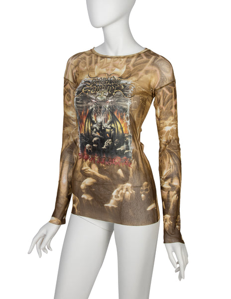 Jean Paul Gaultier Vintage SS 2001 Satanic Skull Print Graphic Mesh Top