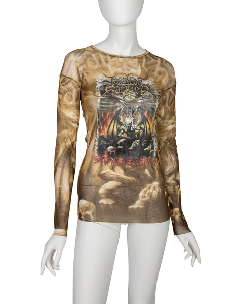Jean Paul Gaultier Vintage SS 2001 Satanic Skull Print Graphic Mesh Top