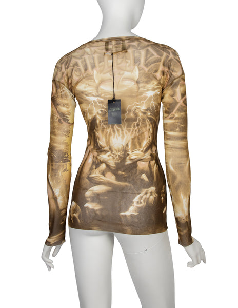 Jean Paul Gaultier Vintage SS 2001 Satanic Skull Print Graphic Mesh Top