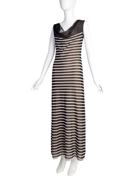 Jean Paul Gaultier Vintage Black White Breton Stripe Mesh Lace Maxi Dress