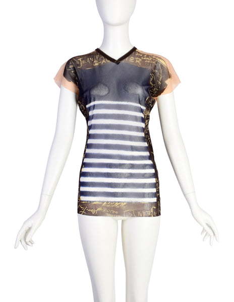 Jean Paul Gaultier Vintage 2001-2002 Striped Graffiti V Neck Mesh Top
