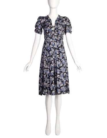 Jeff Banks Vintage 1970s Black and Blue Floral Print Rayon Dress