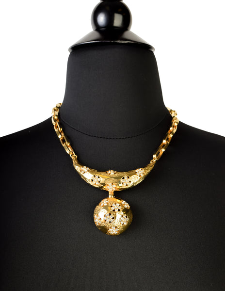 Lucien Piccard Vintage Rhinestone Flower Golden Crescent Dome Chain Necklace