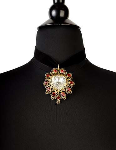 Marie Ferra Vintage Large Ornate Heart Pendant Velvet Choker Necklace