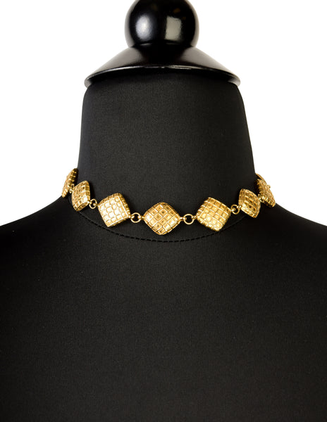 Chanel Vintage 1980s Golden Diamond Shaped Quilted Effect Crystal Choker Necklace