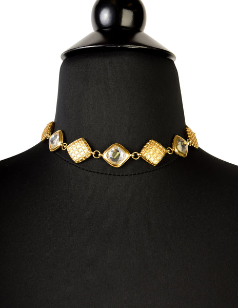 Chanel Vintage 1980s Golden Diamond Shaped Quilted Effect Crystal Choker Necklace