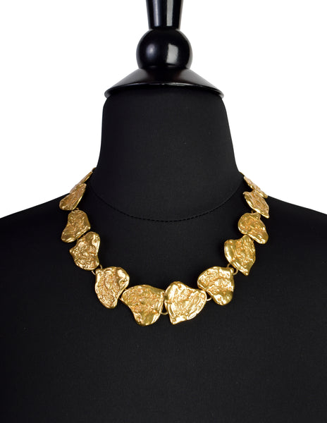 Yves Saint Laurent Vintage Gold Hammered Textured Heart Necklace