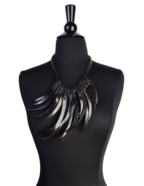 Monies Vintage Curved Blackened Horn and Leather Statement Necklace