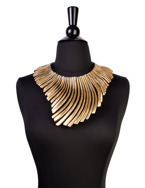 Monies Vintage Massive Ebony Gold Leaf Cascading Wavy Ray Reversible Statement Necklace