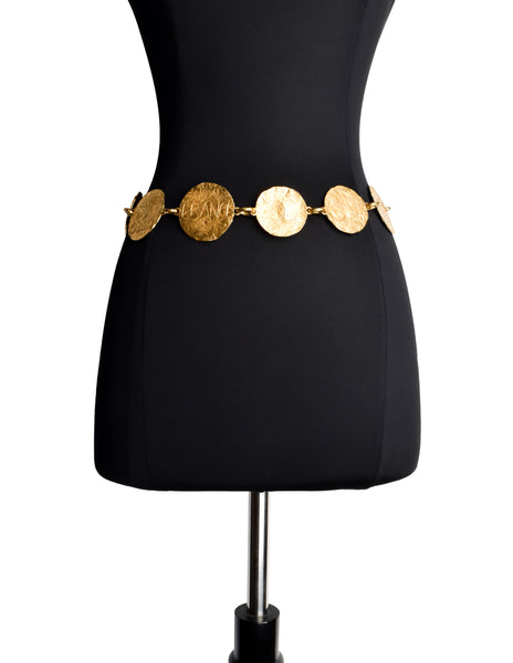 Chanel Vintage Cruise 1993 Iconic Gold Plated Etched Hammered CC Logo Oversized Medallion Necklace / Belt