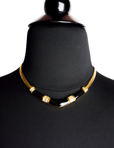 Christian Dior Vintage Black Enamel Rhinestone Golden Chain Necklace