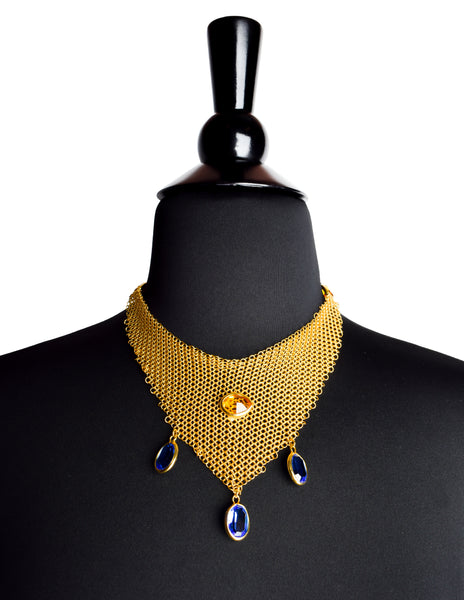 Ugo Correani Vintage 1980s Golden Mesh Bib Necklace with Blue and Yellow Crystals