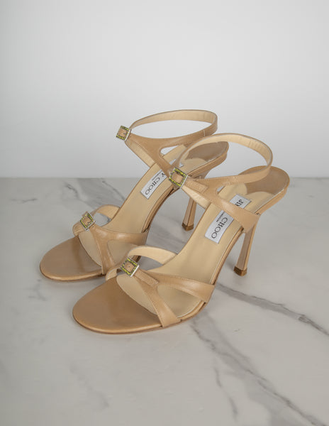 Jimmy Choo Vintage Beige Leather Green Crystal Buckle Strappy Heels