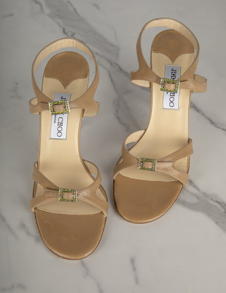 Jimmy Choo Vintage Beige Leather Green Crystal Buckle Strappy Heels