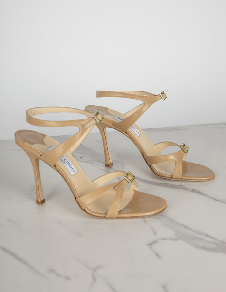 Jimmy Choo Vintage Beige Leather Green Crystal Buckle Strappy Heels