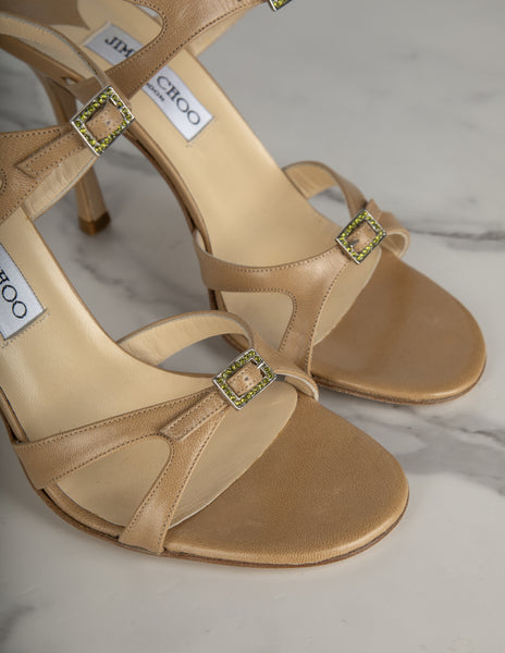Jimmy Choo Vintage Beige Leather Green Crystal Buckle Strappy Heels