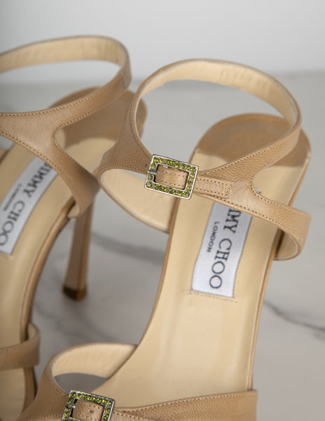 Jimmy Choo Vintage Beige Leather Green Crystal Buckle Strappy Heels