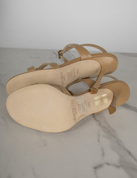 Jimmy Choo Vintage Beige Leather Green Crystal Buckle Strappy Heels