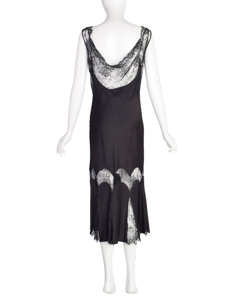John Galliano Vintage AW2003 Black Hammered Satin Draping Lace Bias Dress