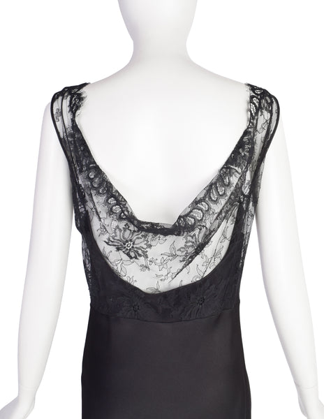 John Galliano Vintage AW2003 Black Hammered Satin Draping Lace Bias Dress