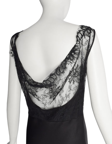 John Galliano Vintage AW2003 Black Hammered Satin Draping Lace Bias Dress