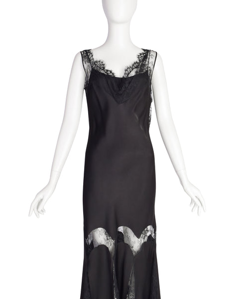 John Galliano Vintage AW2003 Black Hammered Satin Draping Lace Bias Dress