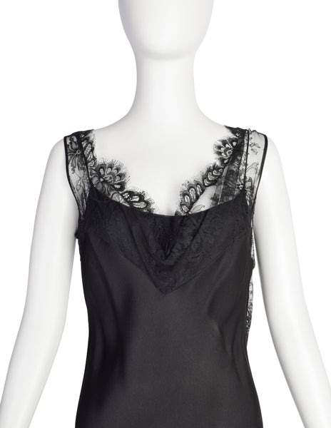 John Galliano Vintage AW2003 Black Hammered Satin Draping Lace Bias Dress