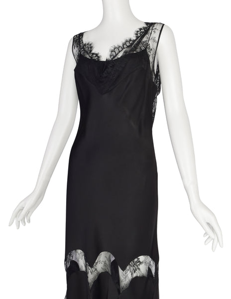 John Galliano Vintage AW2003 Black Hammered Satin Draping Lace Bias Dress