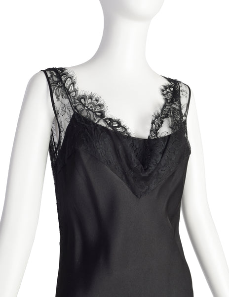 John Galliano Vintage AW2003 Black Hammered Satin Draping Lace Bias Dress