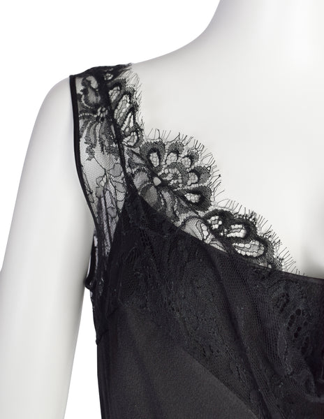 John Galliano Vintage AW2003 Black Hammered Satin Draping Lace Bias Dress
