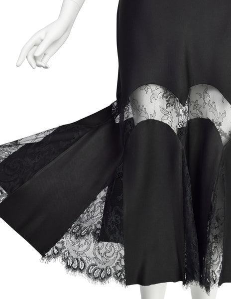 John Galliano Vintage AW2003 Black Hammered Satin Draping Lace Bias Dress