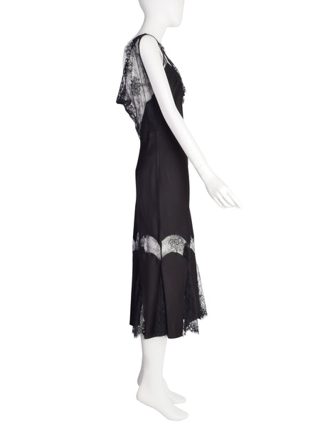 John Galliano Vintage AW2003 Black Hammered Satin Draping Lace Bias Dress